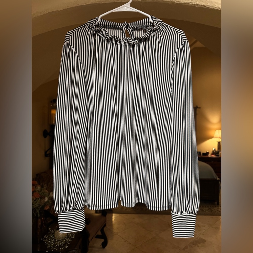 Adrianna Papell Black and White Striped Long-Sleeve Blouse